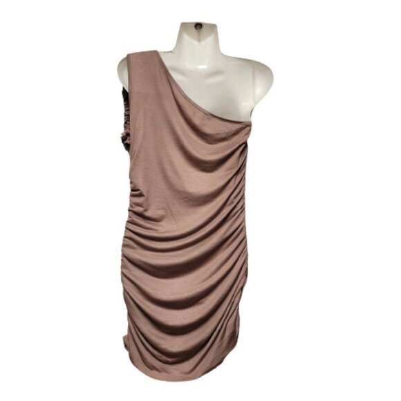 ONE Shoulder Body Con Brown Dress Mini Ruched Ruffle  Size L - Picture 6 of 8
